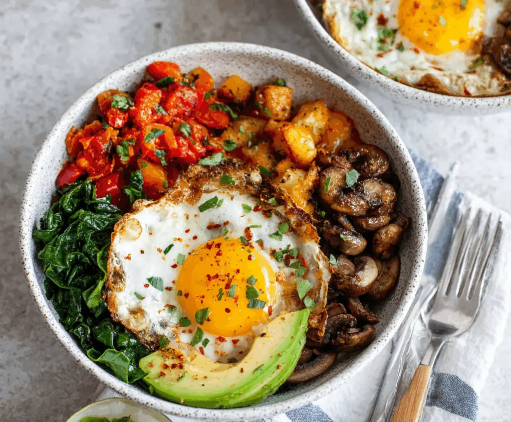 Healthy egg breakfast bowls with fresh vegetables and cheese, perfect for a nutritious morning meal.