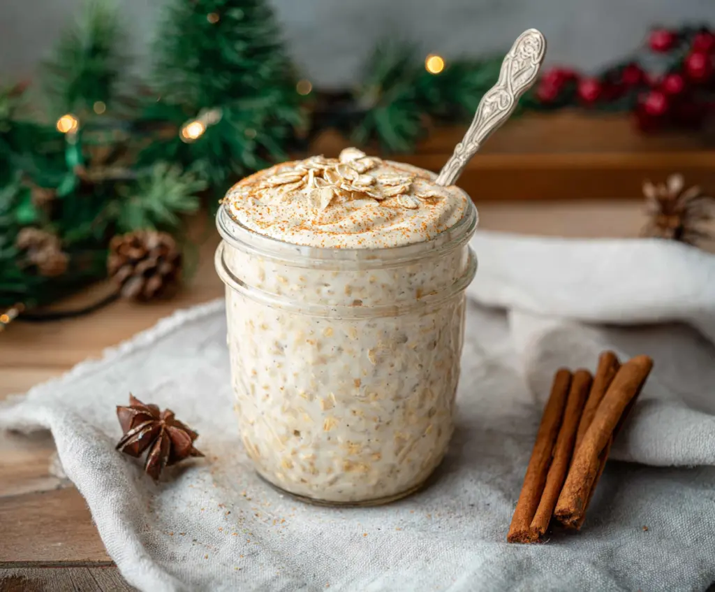 Creamy Eggnog Overnight Oats topped with nutmeg and cinnamon for a festive breakfast.