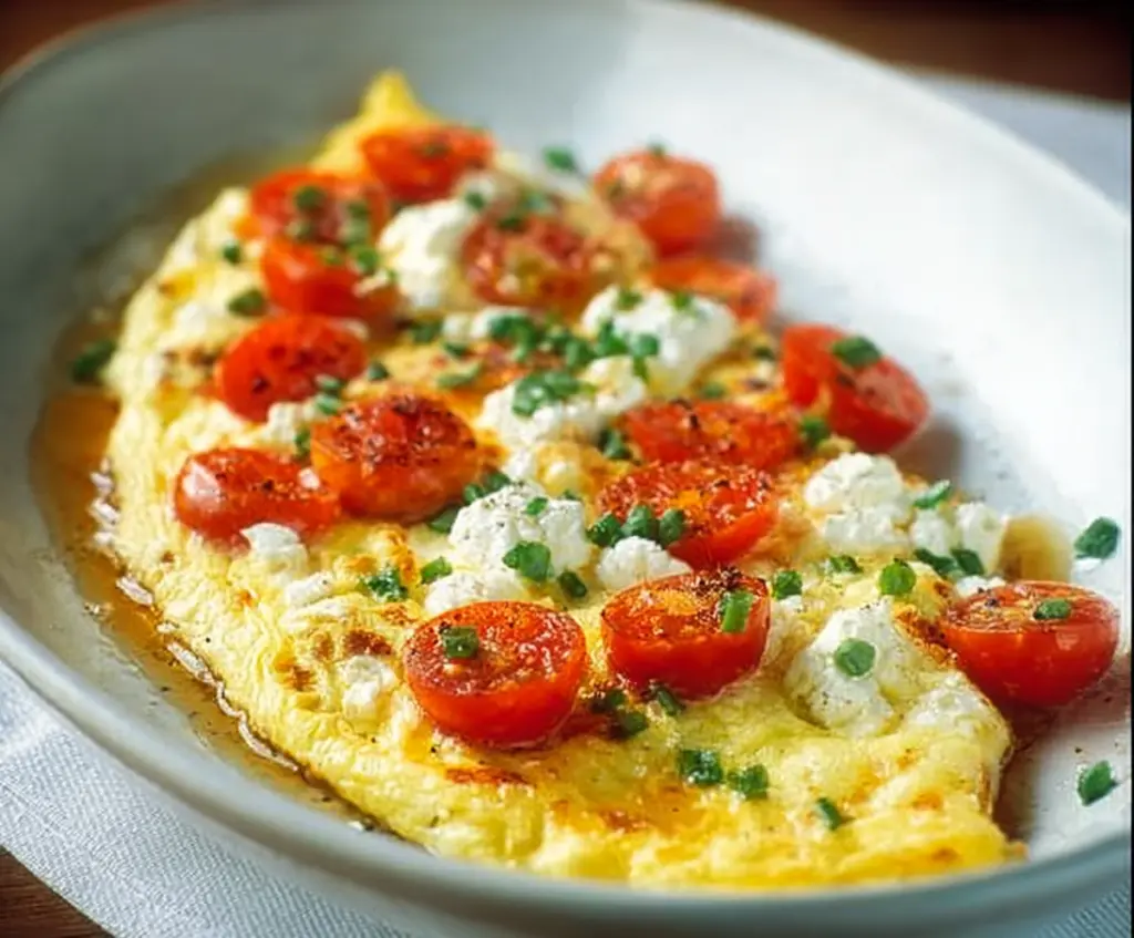 Delicious feta and tomato omelet with fresh herbs on a white plate.