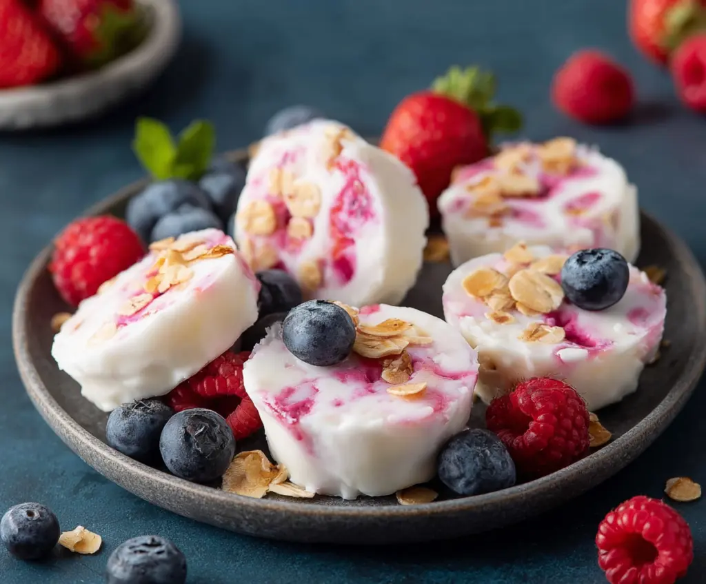 Delicious homemade frozen yogurt bites garnished with fresh berries on a white plate.
