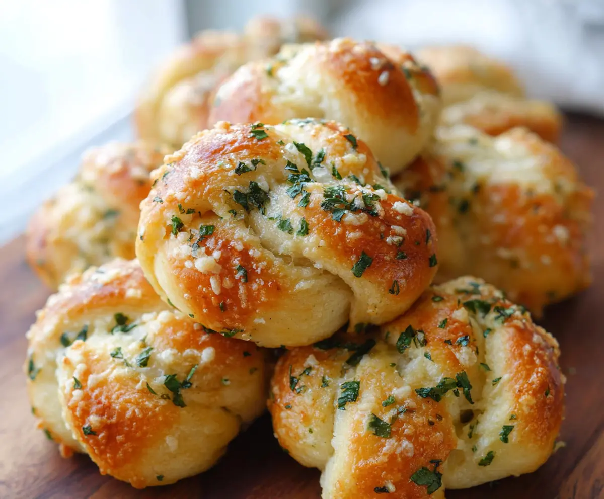 Golden garlic Parmesan knots fresh out of the oven, topped with herbs and melted cheese.