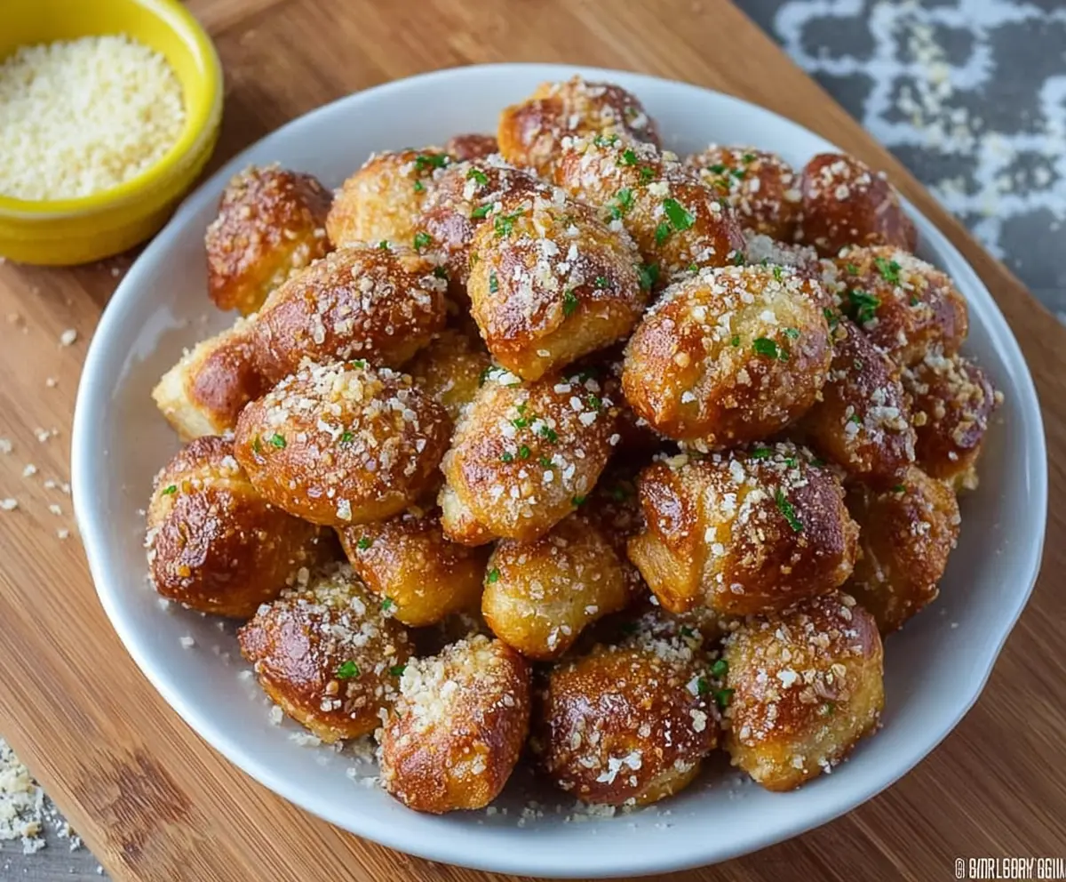 Golden garlic Parmesan pretzel bites served on a plate, showcasing a cheesy and savory snack perfect for parties.