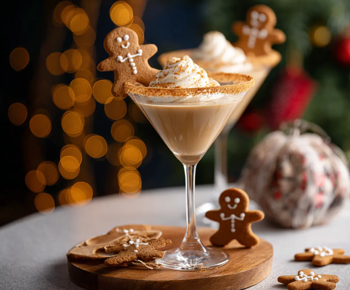 Delicious Gingerbread Martini cocktail garnished with a cinnamon stick and sugar rim