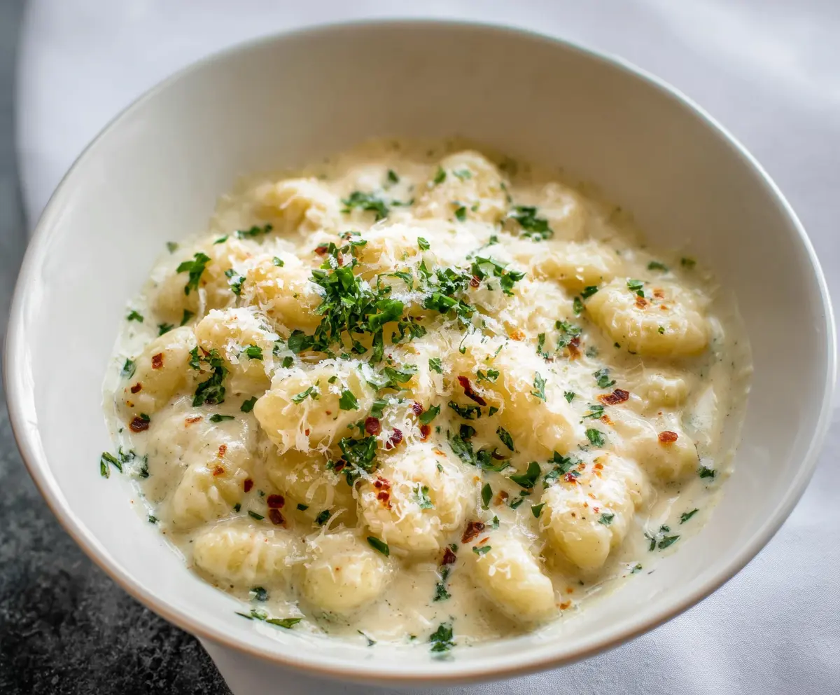 Creamy gnocchi Alfredo pasta served on a white plate with fresh herbs