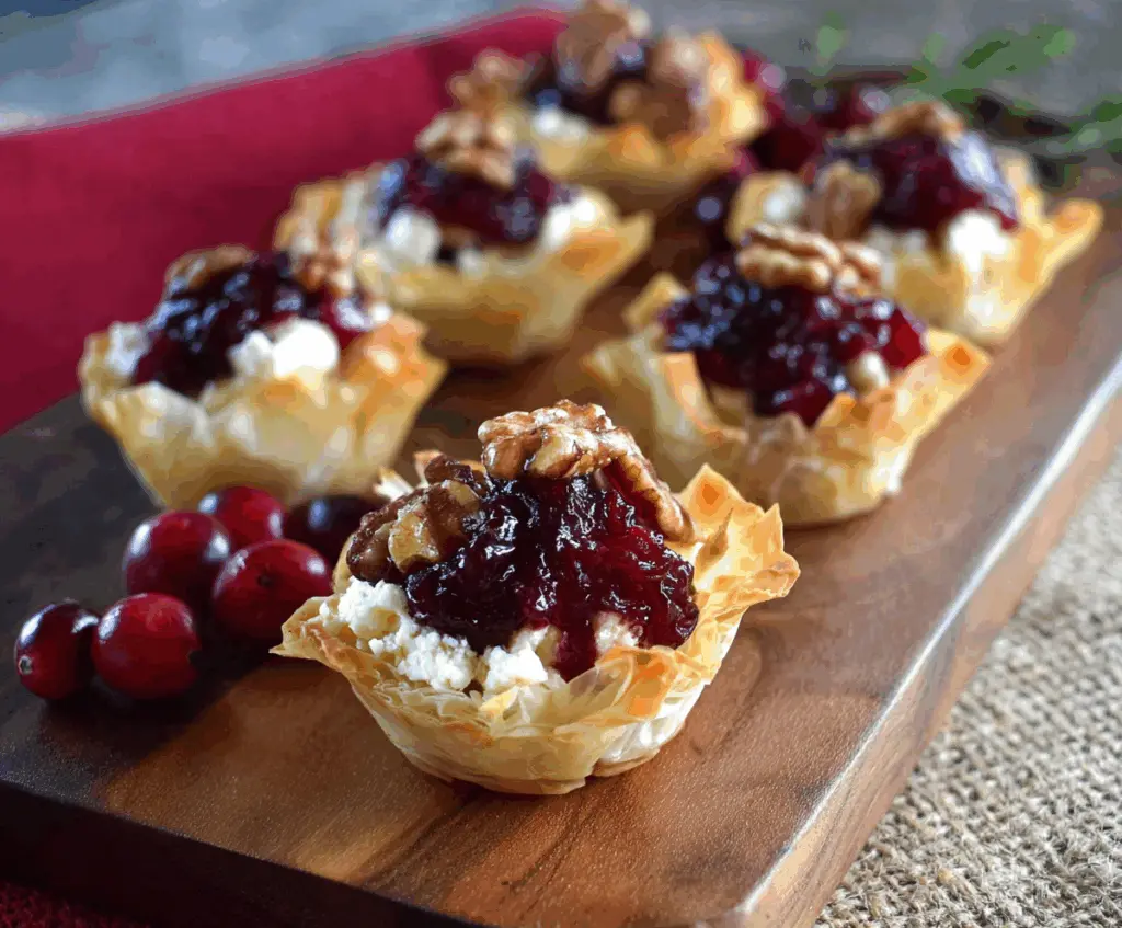 Delicious Goat Cheese Cranberry Phyllo Cups presented on a white plate, garnished with fresh herbs.