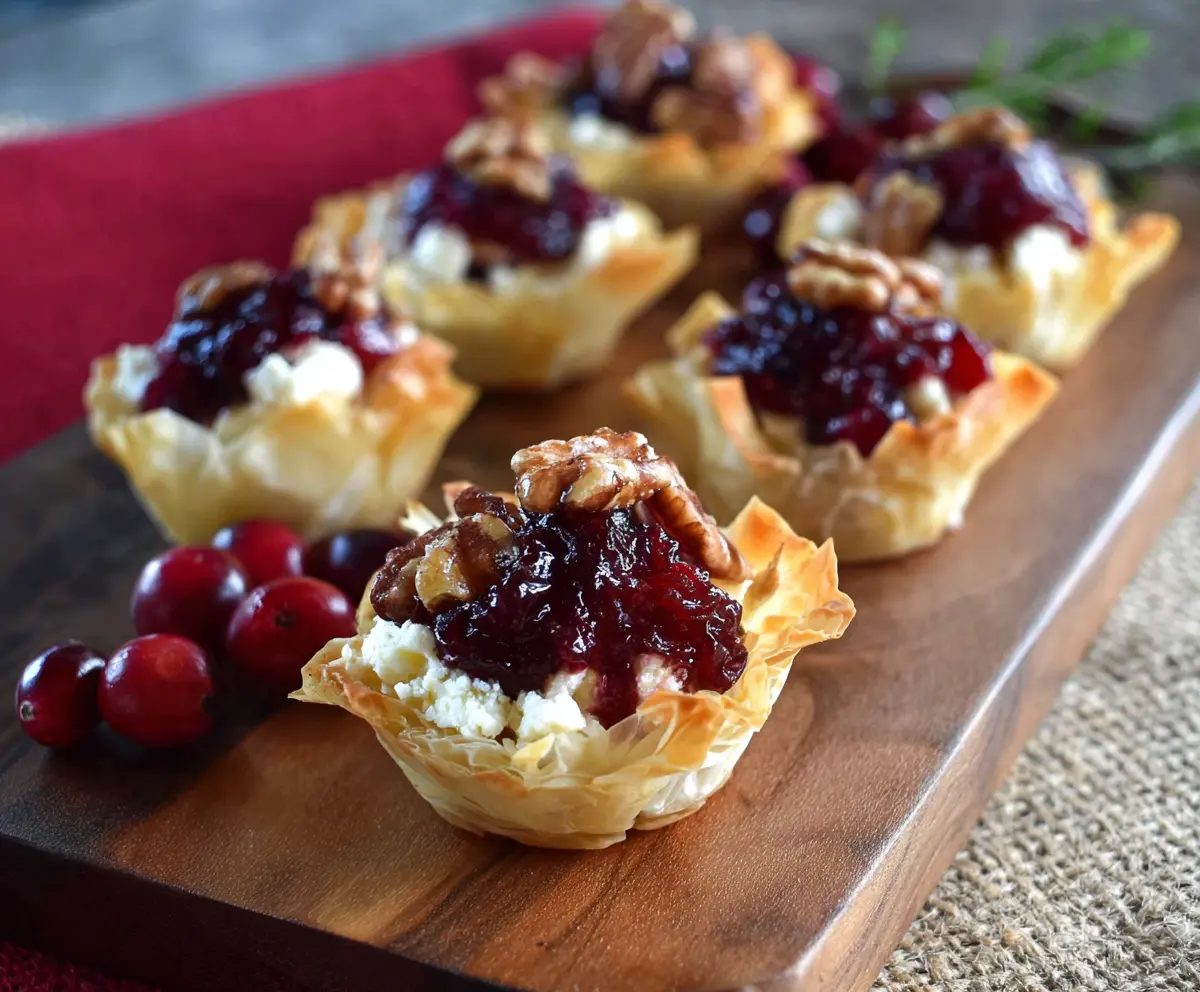 Delicious Goat Cheese Cranberry Phyllo Cups presented on a white plate, garnished with fresh herbs.