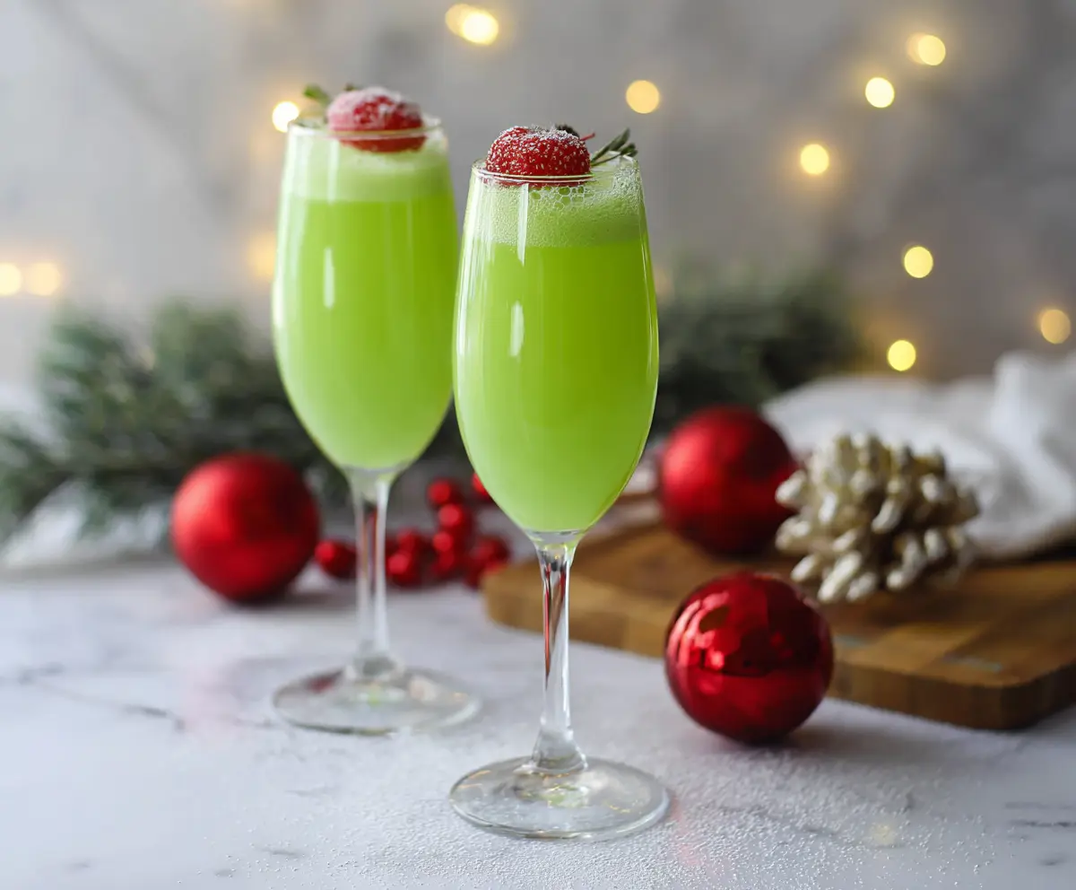 Festive Grinch Mimosa in a cocktail glass with green hue and holiday decorations