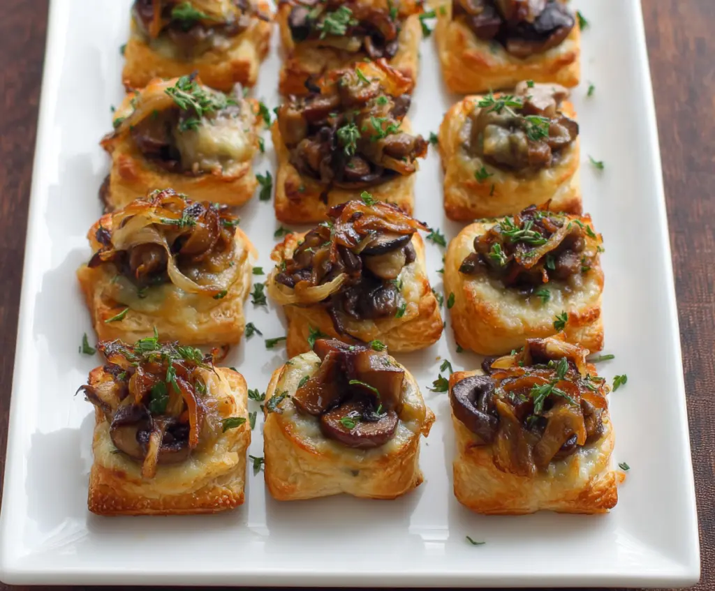 Delicious Gruyere mushroom and caramelized onion bites on a serving platter