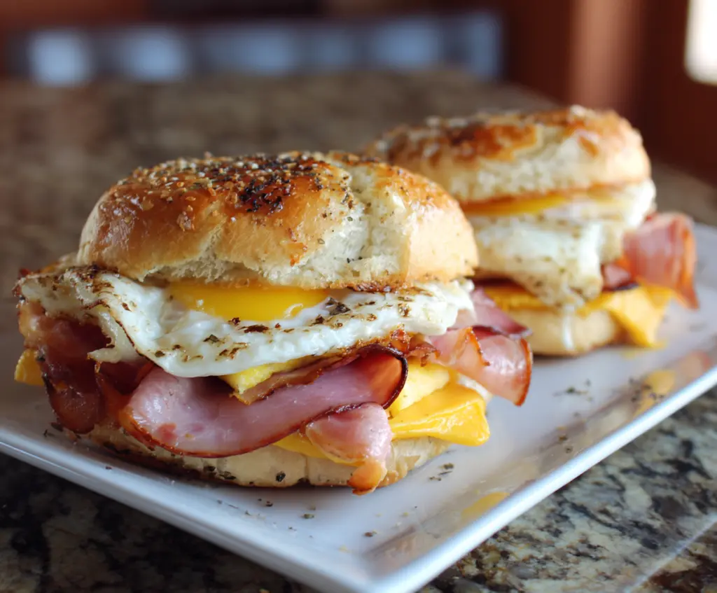 Delicious ham, egg, and cheese breakfast sandwich on a toasted bun.