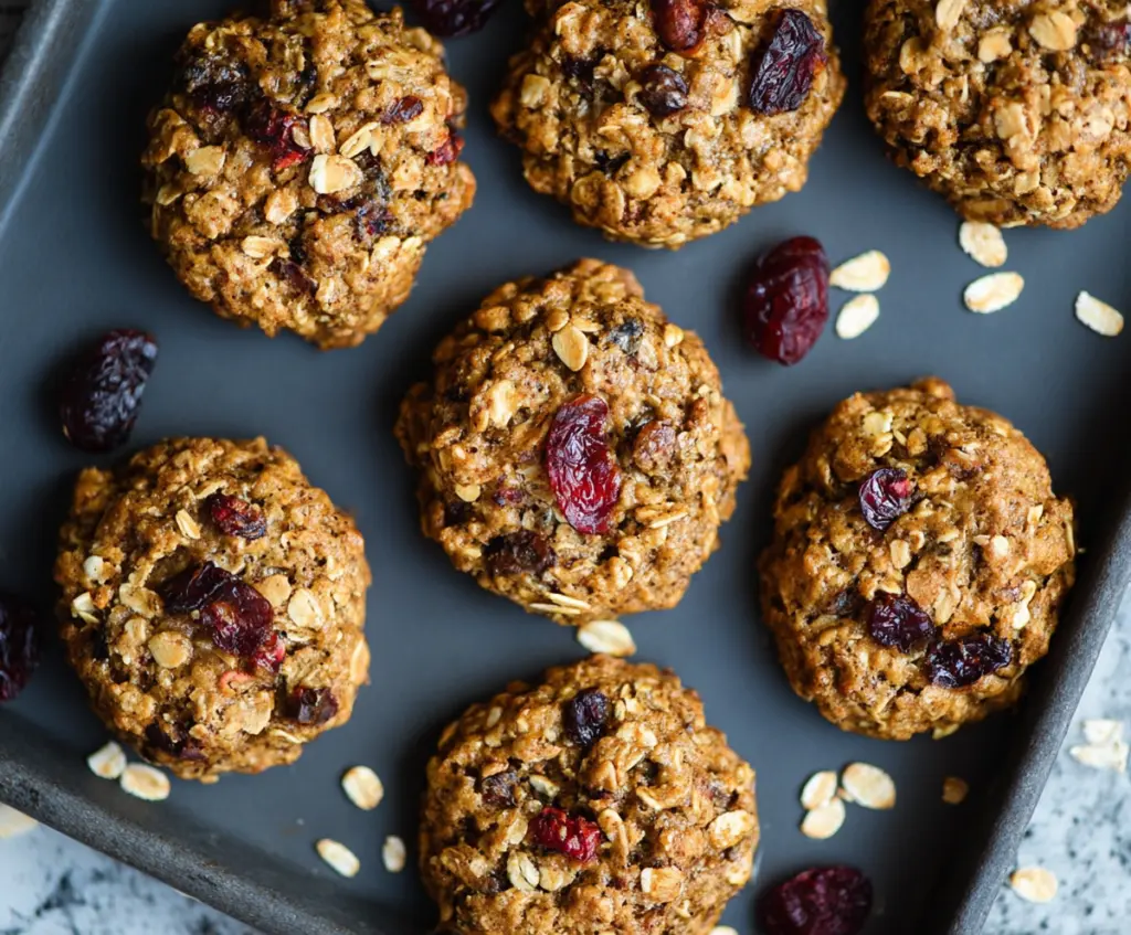 Healthy oatmeal breakfast cookies with oats, bananas, and nuts on a white plate.