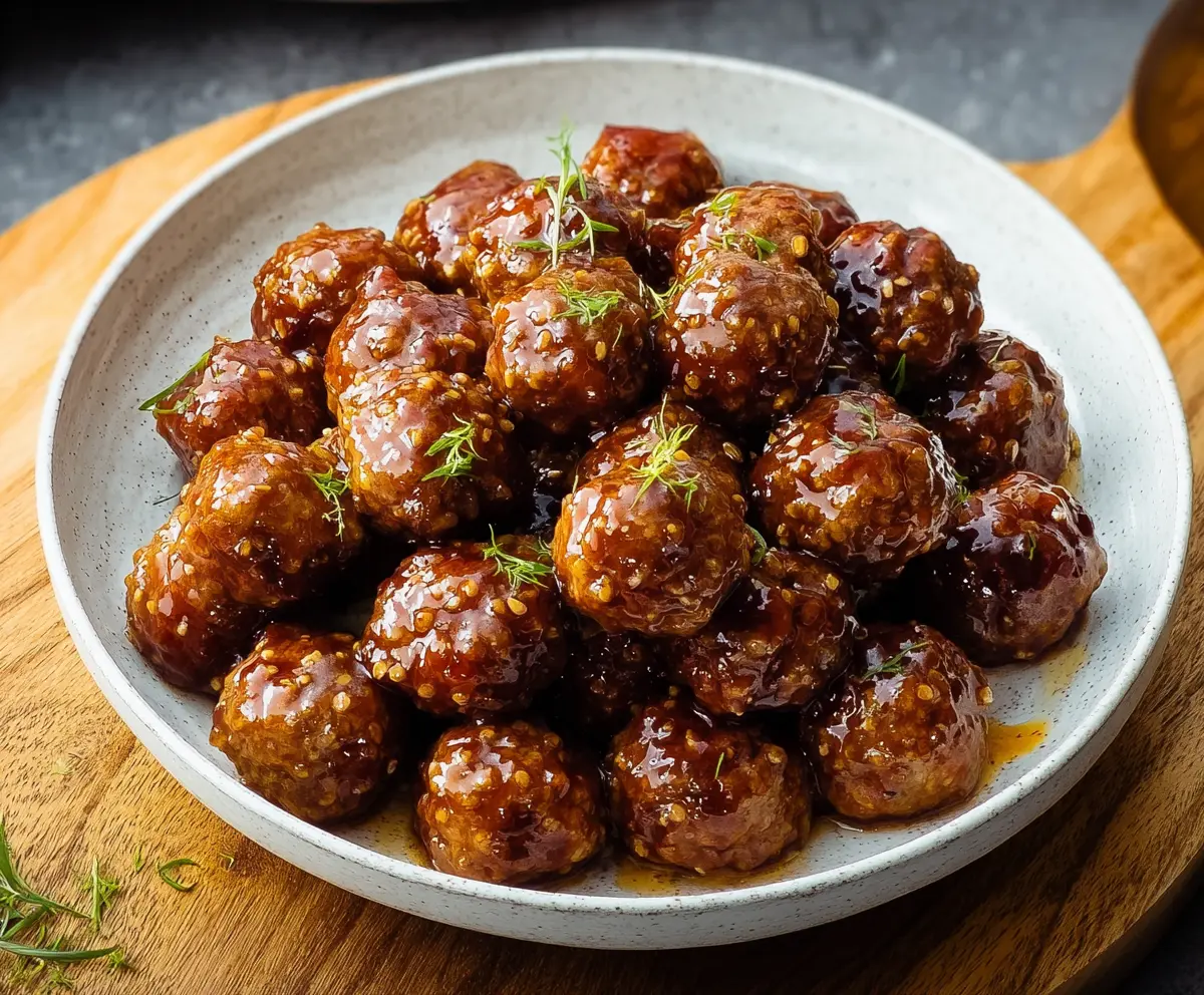 Delicious honey garlic meatballs served on a white plate with a glossy sauce.