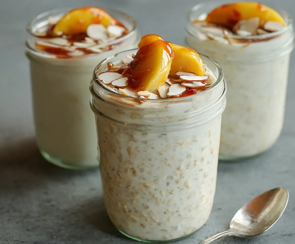Creamy honey vanilla overnight oats in a glass jar with fresh fruit topping