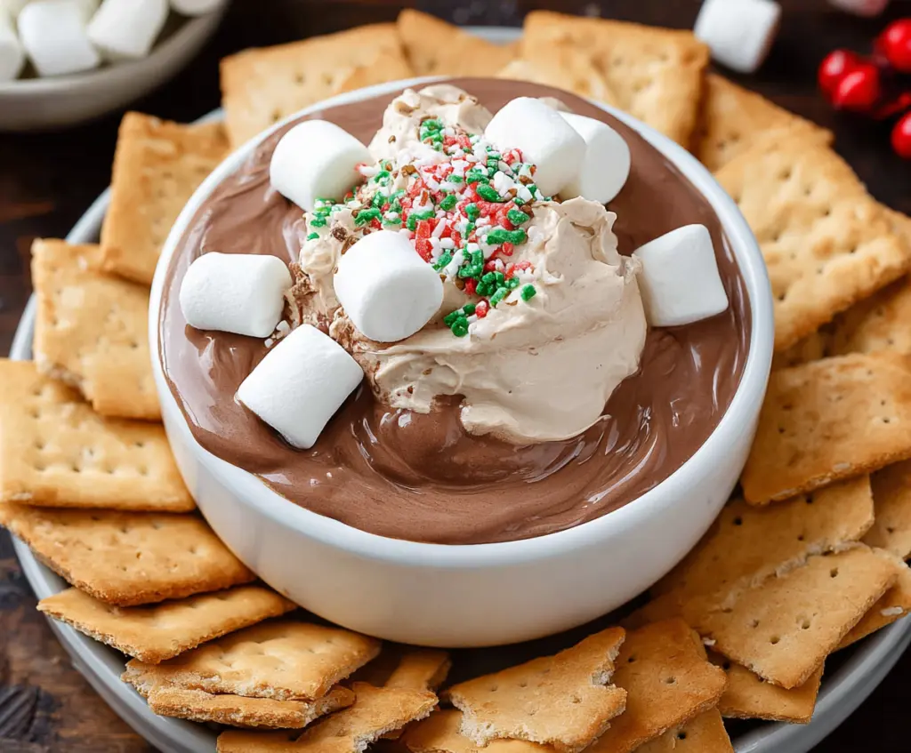 Creamy hot cocoa dip served with marshmallows and cookies for a delicious dessert