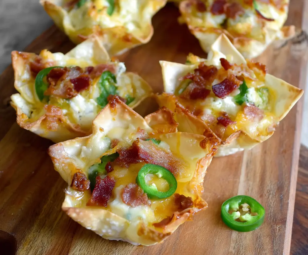 Delicious jalapeno popper wonton cups filled with cream cheese, jalapenos, and crispy wonton wrappers.