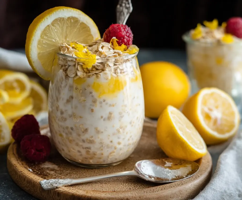 Creamy Lemon Cheesecake Overnight Oats in a glass jar topped with lemon slices and fresh berries.