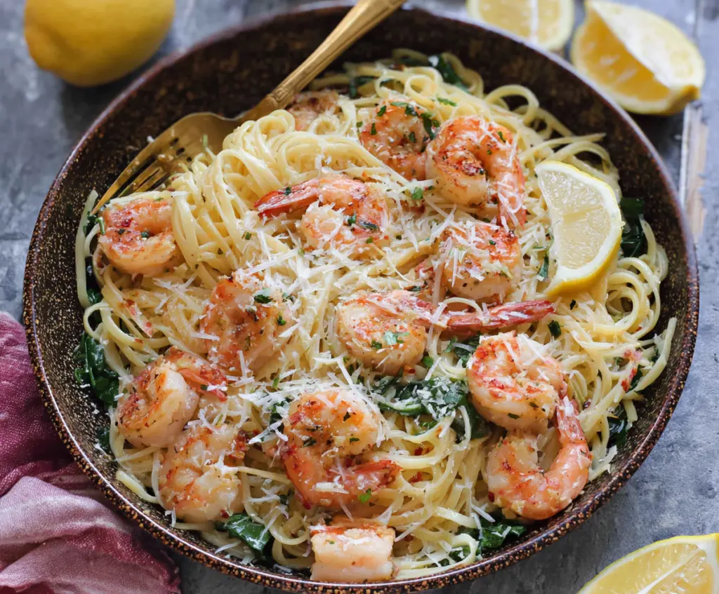 Delicious Lemon Garlic Parmesan Shrimp Pasta served on a white plate, garnished with fresh herbs.