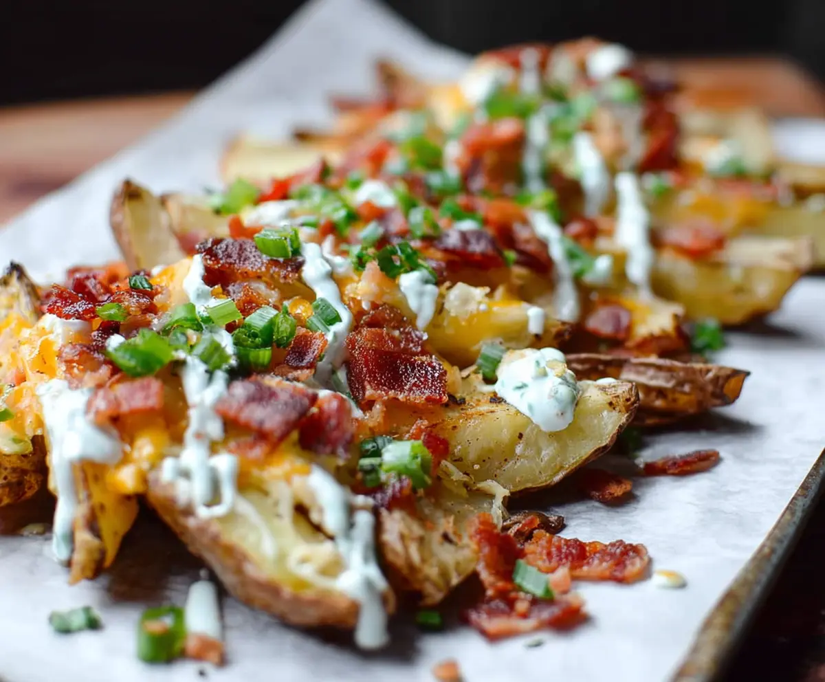 Close-up of crispy loaded baked potato wedges topped with cheese, bacon bits, and green onions.