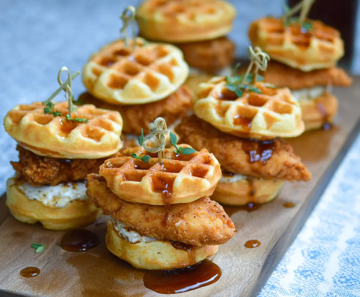 Delicious mini chicken and waffle sliders on a platter, perfect for appetizers and brunch parties.
