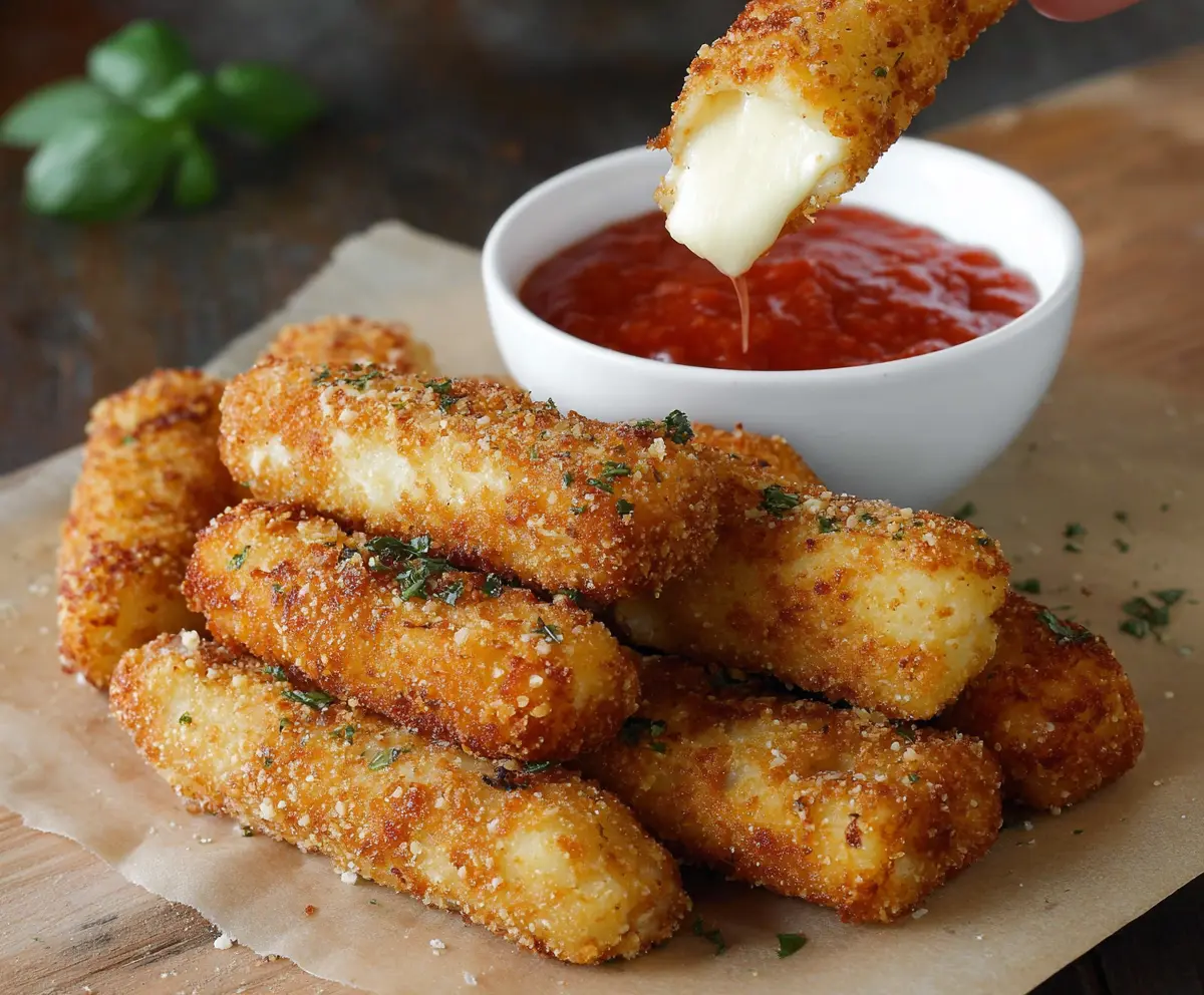 Crispy mozzarella sticks with melted cheese dipping sauce on a plate