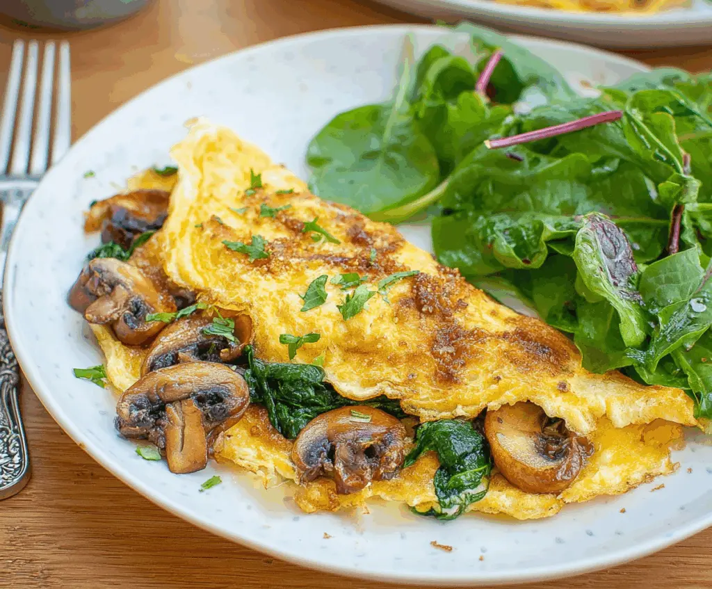 Delicious mushroom and spinach omelet cooked to perfection with fresh ingredients.