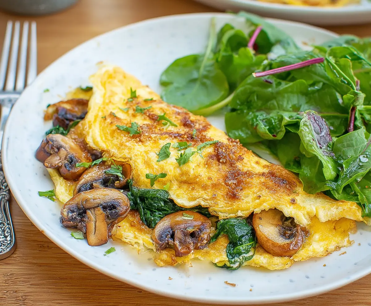 Delicious mushroom and spinach omelet cooked to perfection with fresh ingredients.