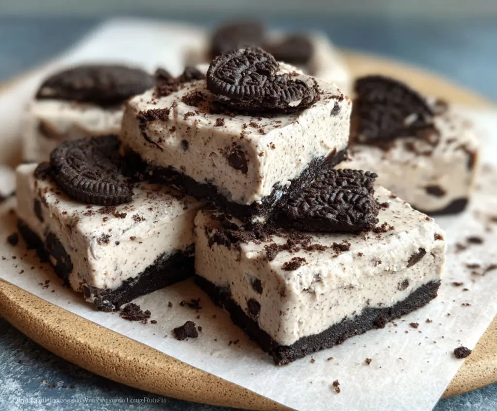 Delicious no-bake Oreo protein bars with creamy filling and chocolate coating on a white plate.