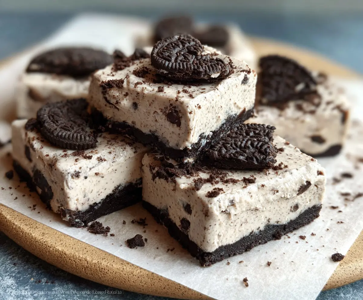 Delicious no-bake Oreo protein bars with creamy filling and chocolate coating on a white plate.
