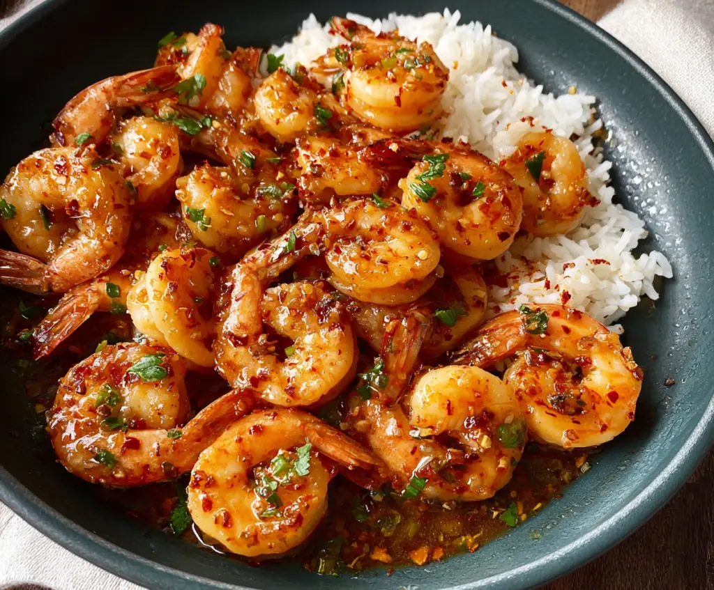 Juicy shrimp glazed with orange honey garlic sauce served on a white plate.