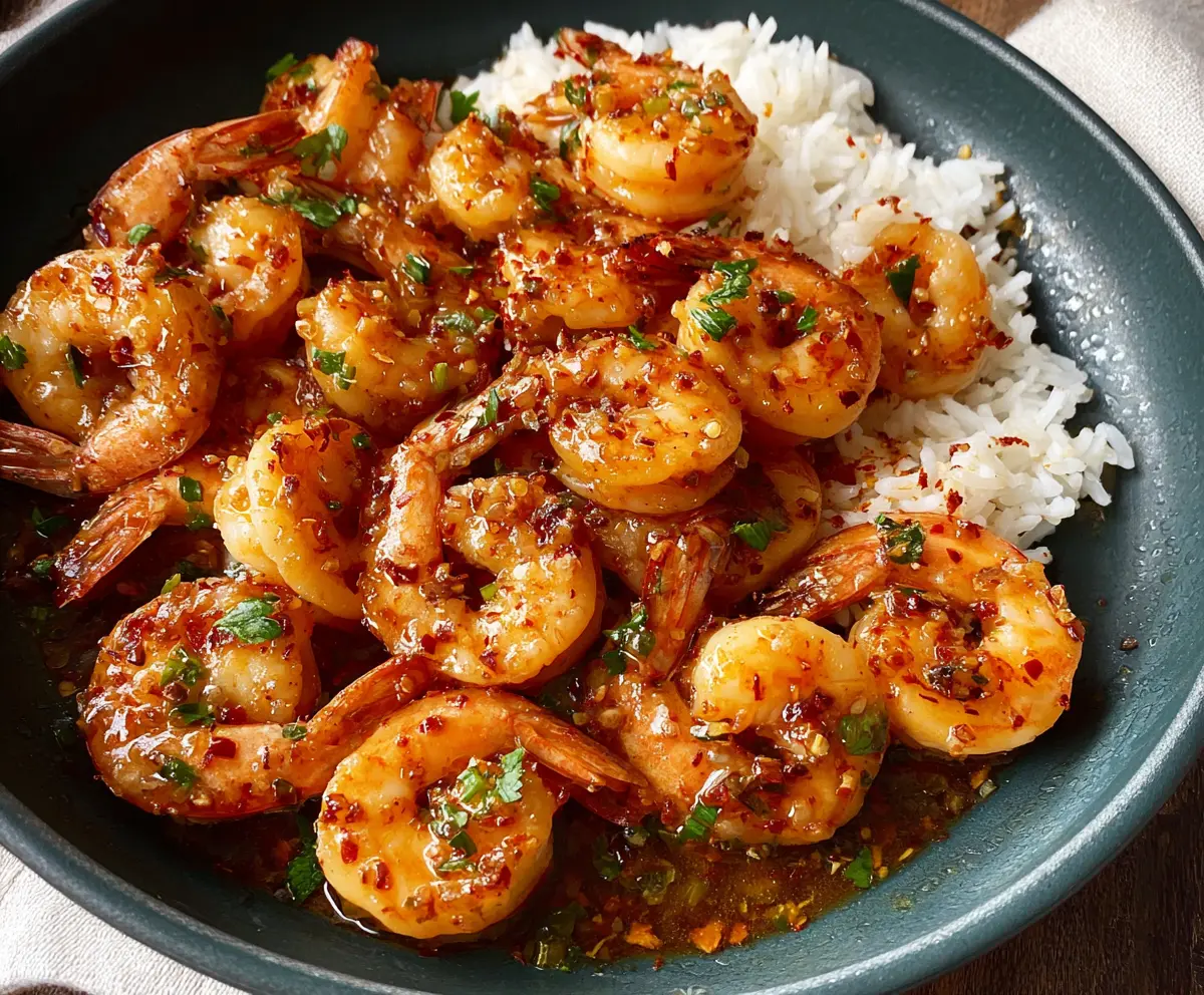 Juicy shrimp glazed with orange honey garlic sauce served on a white plate.