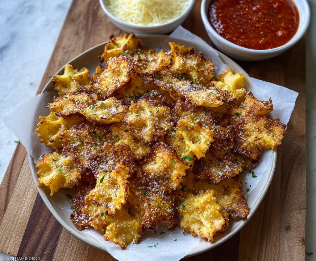 Crispy oven-baked cheesy pasta chips with melted cheese and golden crust, perfect as a snack.