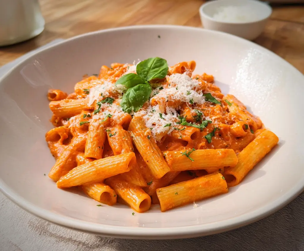 Creamy Pasta Alla Vodka with a rich tomato and vodka sauce served in a white bowl