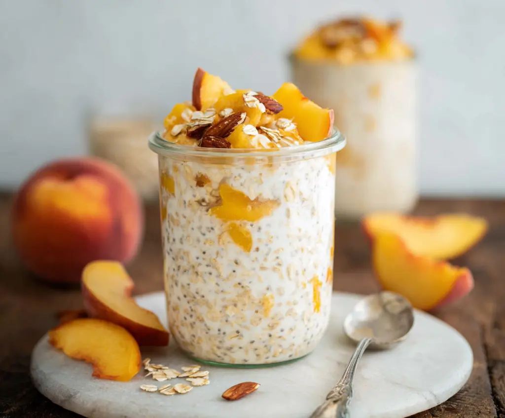 Delicious Peaches and Cream Overnight Oats in a glass jar with fresh peach slices and cream topping.
