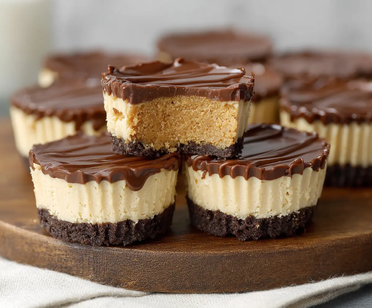 Creamy peanut butter cheesecake bites with a smooth texture and chocolate drizzle on a white plate.