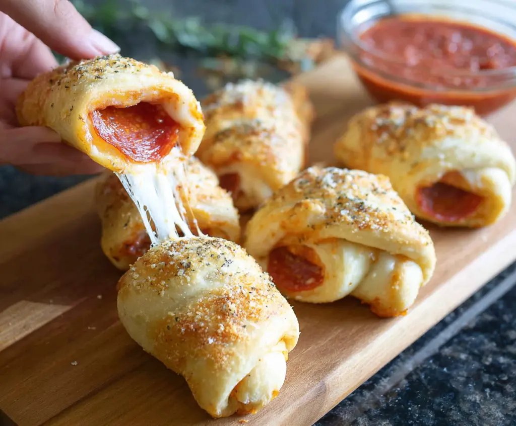 Delicious Pepperoni Cheese Roll Ups with melted cheese and crispy edges perfect for appetizers or snacks.