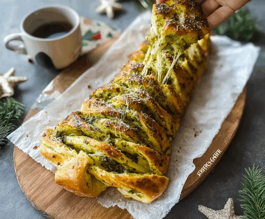 Festive Pesto Christmas Tree Pull-Apart Bread served on a wooden board, topped with fresh herbs and cheese for holiday celebration.