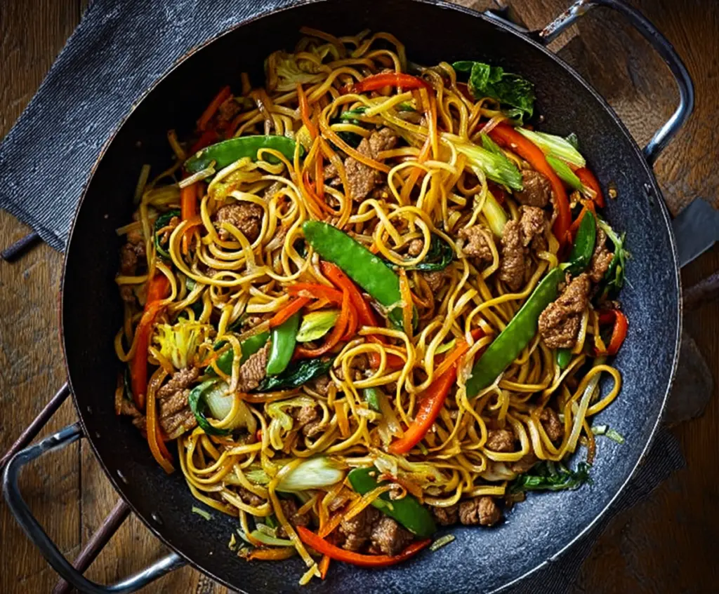 Delicious pork stir-fry noodles with colorful vegetables served in a bowl.