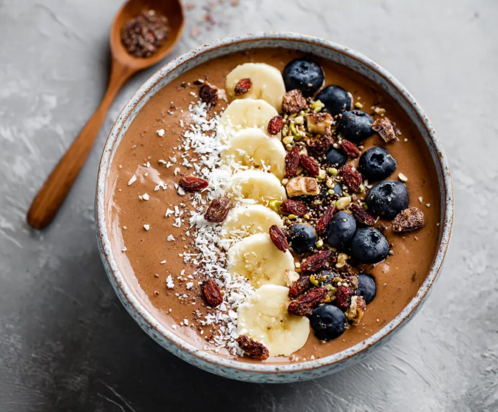 Healthy protein smoothie bowl topped with fresh fruits and granola for a nutritious breakfast