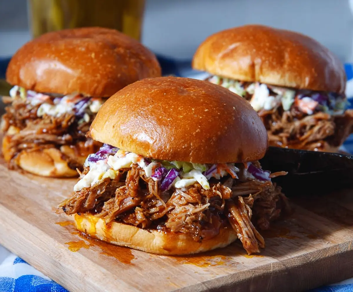 Juicy pulled pork sandwiches with crispy buns and fresh toppings on a rustic wooden table.