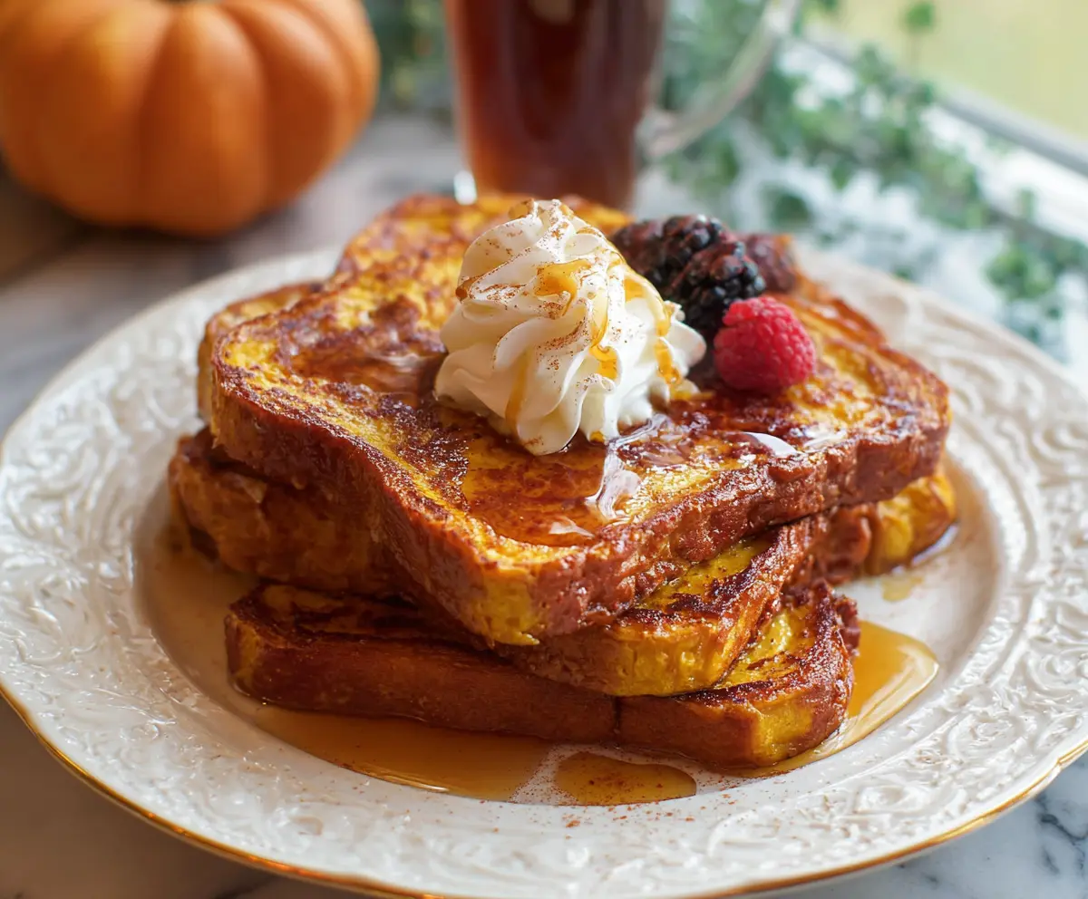 Delicious pumpkin French toast with maple syrup and whipped cream on a plate