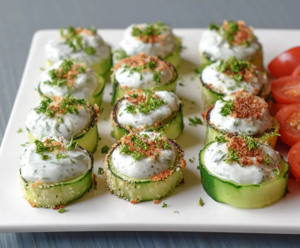 Delicious Ranch Cucumber Bites appetizer served on a white plate with fresh herbs