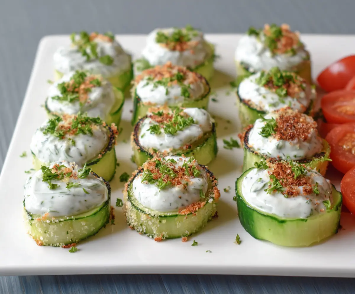 Delicious Ranch Cucumber Bites appetizer served on a white plate with fresh herbs