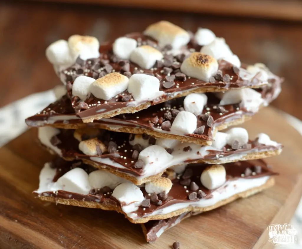 Delicious S'mores Yogurt Bark topped with marshmallows, chocolate, and graham cracker crumbles.