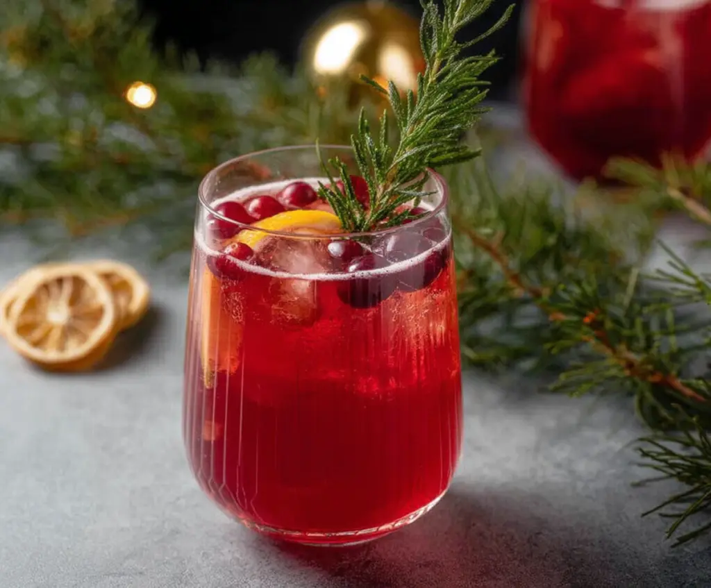 Festive Santa Spritz Cocktail with red and white garnishes in a clear glass on a holiday-themed table