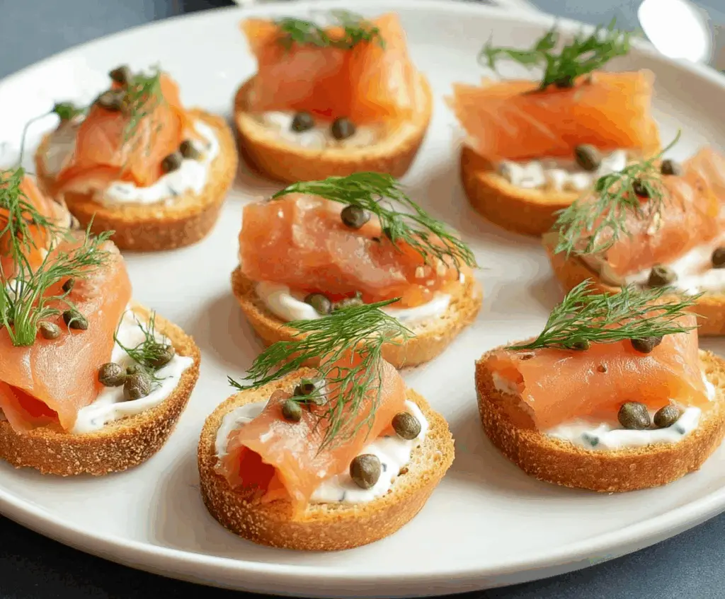 Delicious smoked salmon canapés garnished with fresh herbs on a elegant platter