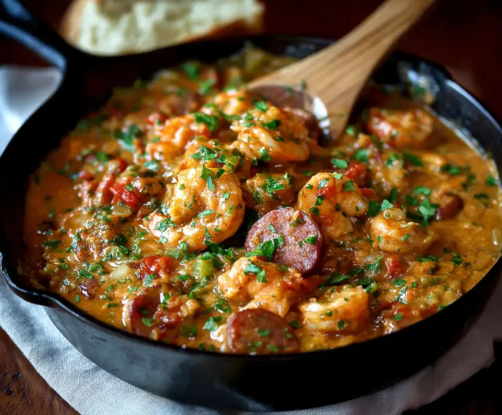 Delicious smothered shrimp and sausage served with flavorful sauce on a plate.