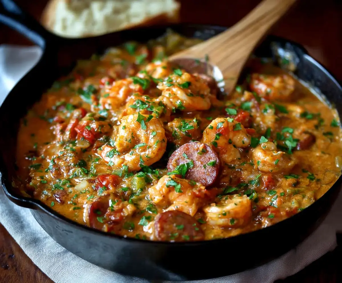Delicious smothered shrimp and sausage served with flavorful sauce on a plate.