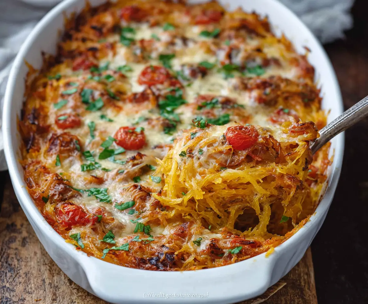 Delicious baked spaghetti squash casserole topped with melted cheese and fresh herbs.