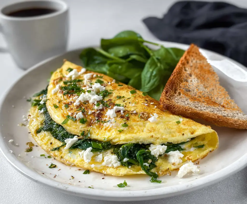 Delicious spinach and feta omelet with fluffy eggs and fresh greens