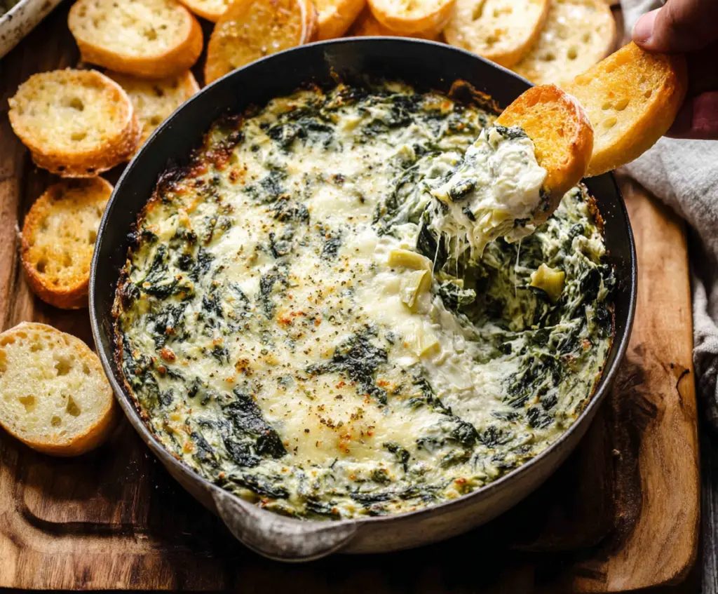 Creamy spinach and artichoke dip served with tortilla chips, perfect for parties and gatherings.