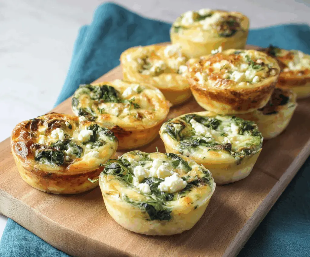 Delicious Spinach Feta Mini Quiches with golden crust and fresh greens on top